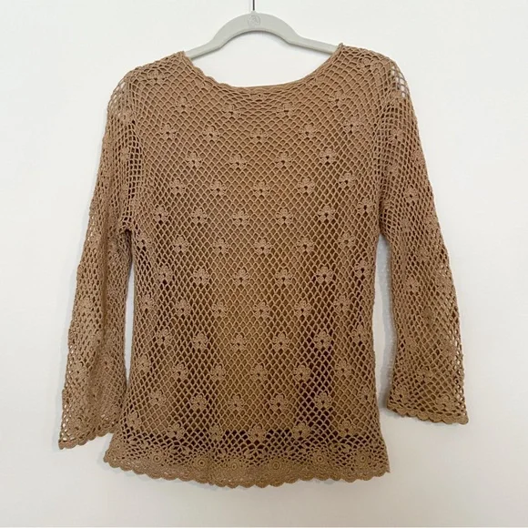 Croft & Barrow Tan Long Sleeve Lace Crochet Mesh Long Sleeve Brown floral Blouse - Picture 5 of 7